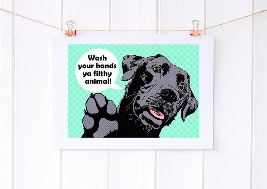 Funny Labrador art, 'Ya filthy animal' black Lab bathroom wall art 