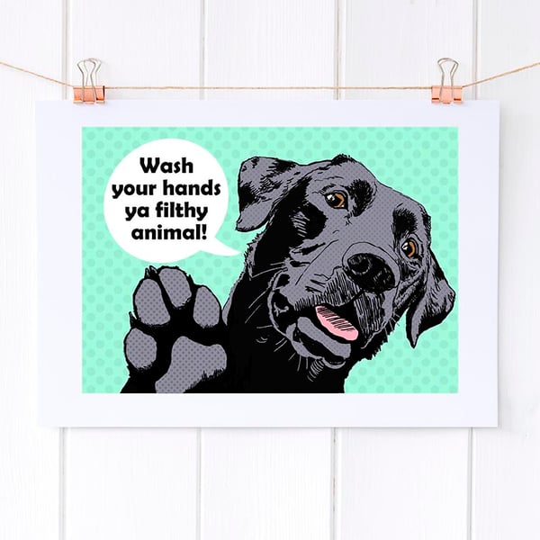 Funny Labrador art, 'Ya filthy animal' black Lab bathroom wall art 