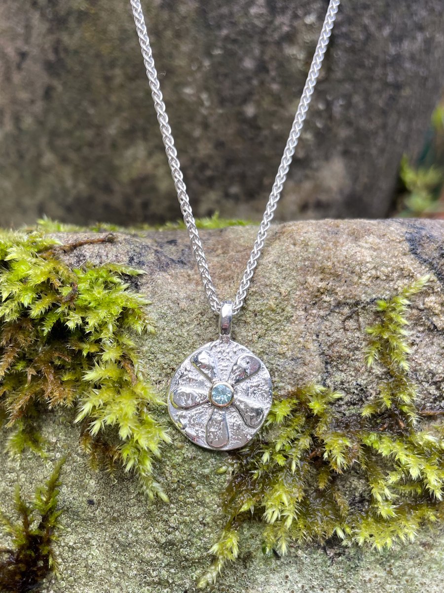 Silver and 18ct gold aquamarine Bloom pendant on chain