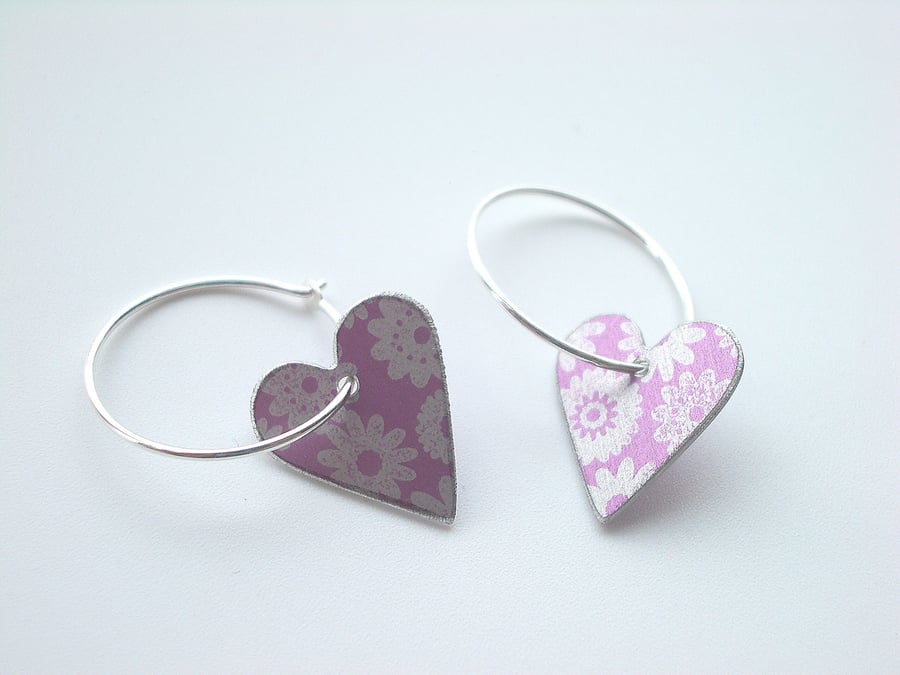 Heart hoop earrings in lilac with ditsy flower print