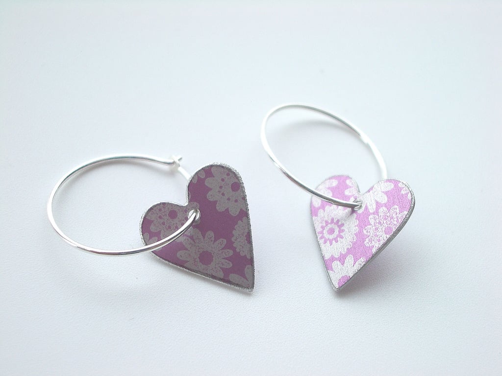 Heart hoop earrings in lilac with ditsy flower print