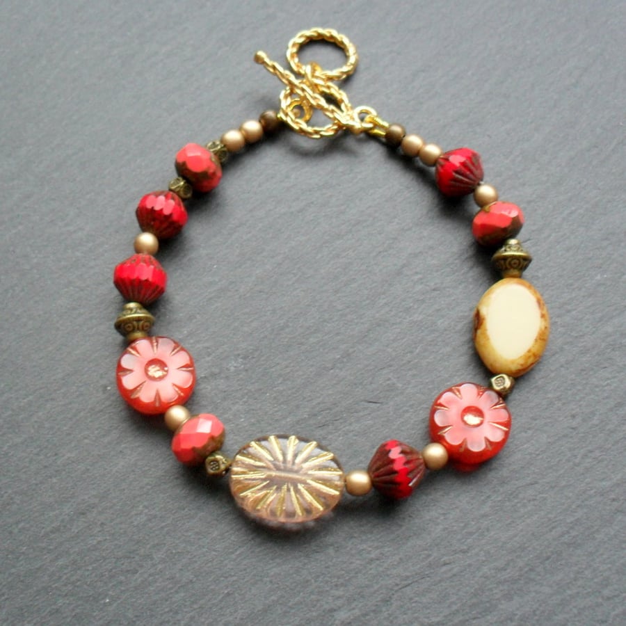 Sale Red and Gold Czech Glass Beaded Bracelet