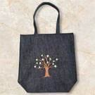 Embroidered Magnolia Tree Canvas Dark Blue Denim Shoulder Tote Bag