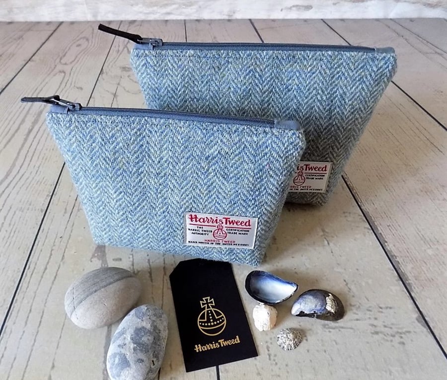 Harris Tweed gift set. Large and medium makeup bags in Atlantic blue herringbone