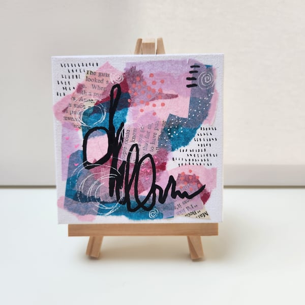 Original Abstract painting collage, Small art Canvas In Pink and Blues, Wall Art