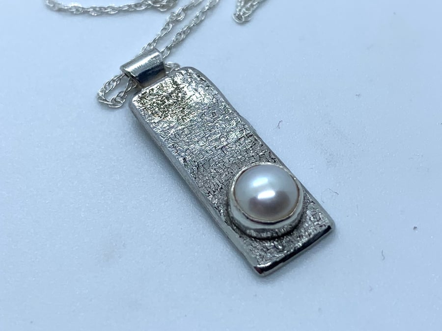 Freshwater Pearl and Textured Sterling Silver Pendant , 100% Handmade