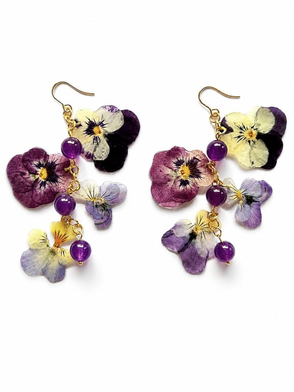 Real Violets Statement Earrings with Amethyst - Handmade Botanical Jewellery
