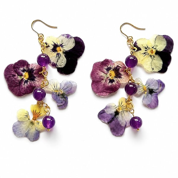 Real Violets Statement Earrings with Amethyst - Handmade Botanical Jewellery