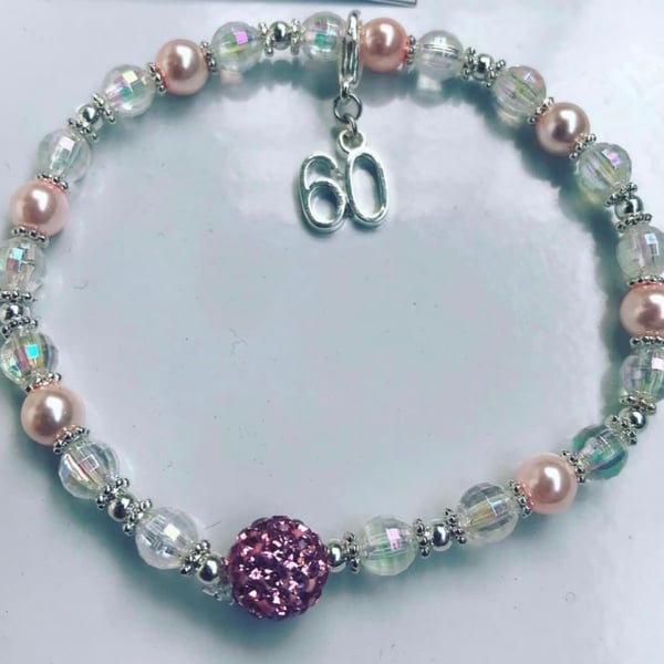 60th milestone silvertone pink and shamballa bead bracelet birthday gift