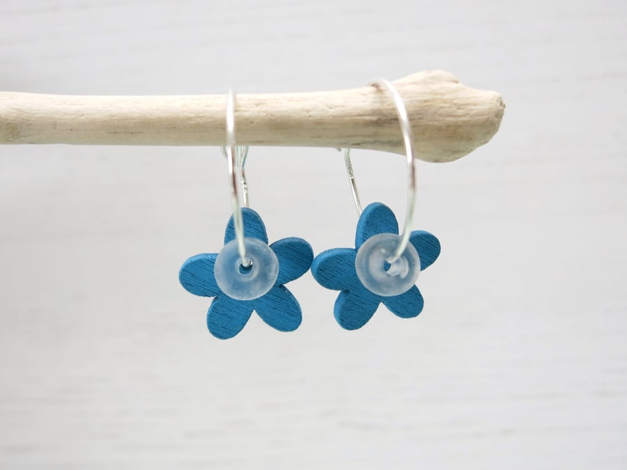 Wooden Flower Buttons on 18mm Sterling Silver Hoops - Blue