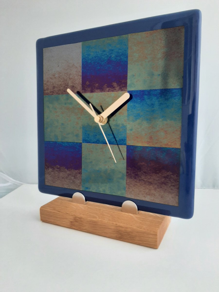 Iridised Blue Rainbow Squares Glass Clock
