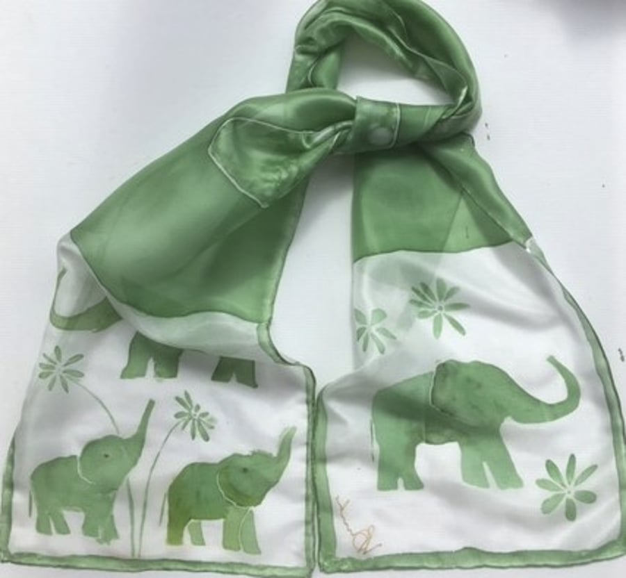 Elephants hand painted silk scarf