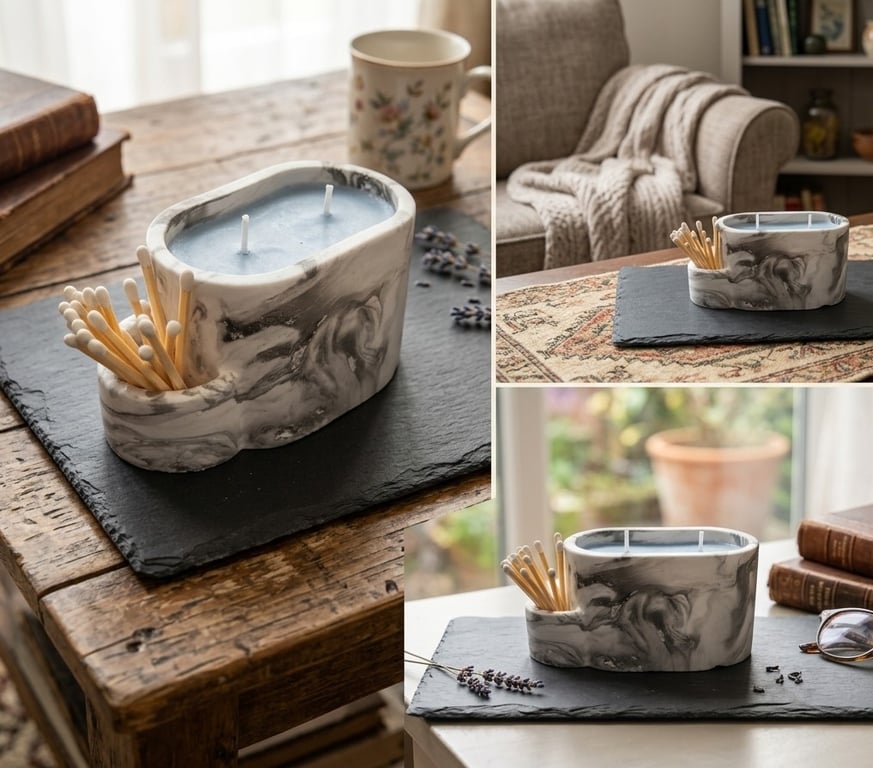 Blue Purple Candle in Black & White Marble Effect Eco-Resin Holder
