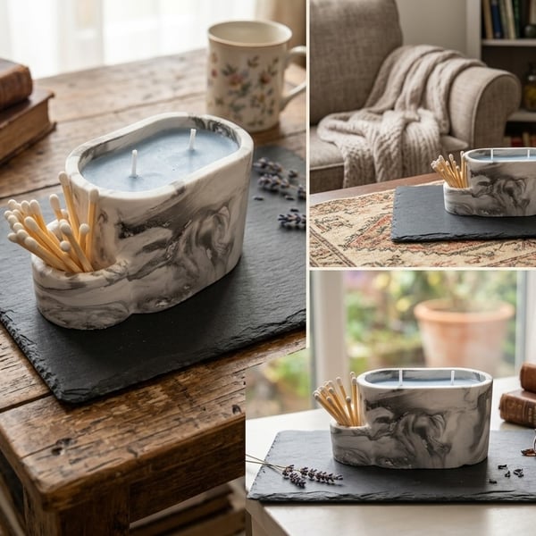 Blue Purple Candle in Black & White Marble Effect Eco-Resin Holder