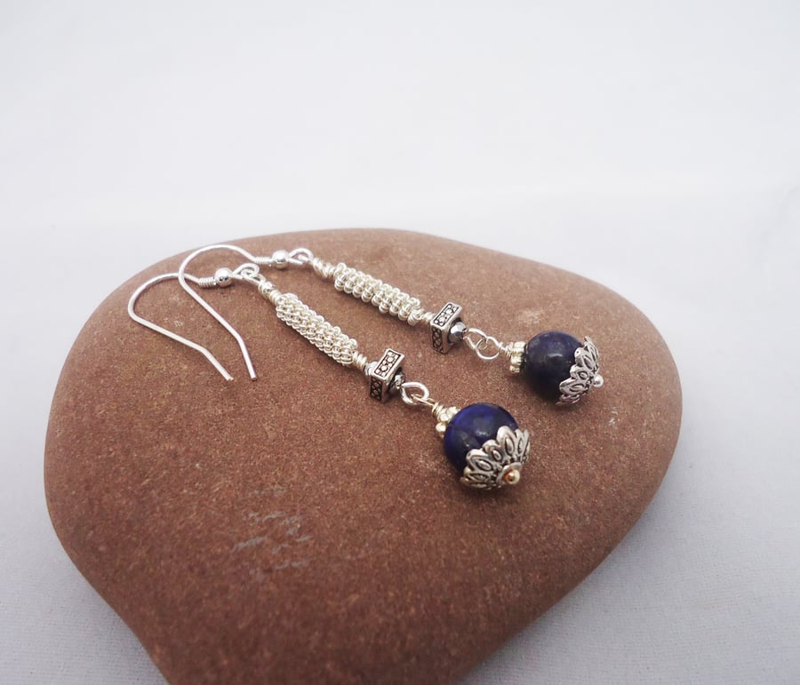 Lapis Lazuli Earrings, Wire Wrapped Lapis Lazuli Earrings, Blue Gemstone Earring
