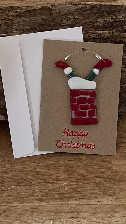 Bespoke Handcrafted Santa Chimney Christmas Card with Artisan Fused Glass 
