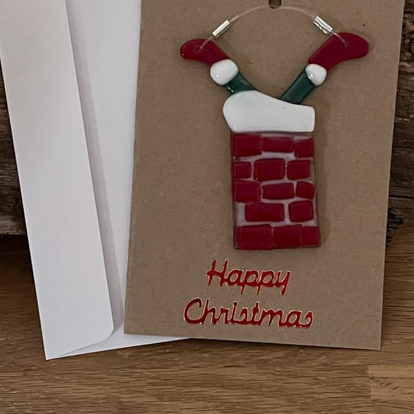 Bespoke Handcrafted Santa Chimney Christmas Card with Artisan Fused Glass 