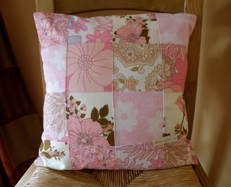 Pretty pink patchwork cushion cover and feather pad 