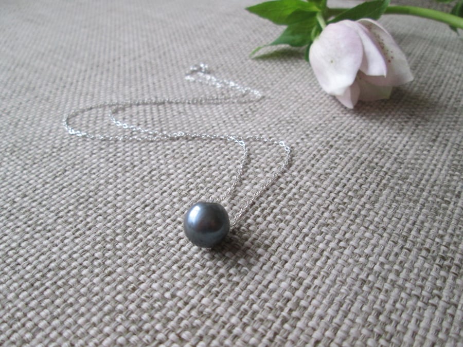 Slate-coloured Freshwater Pearl Pendant Necklace, sterling silver