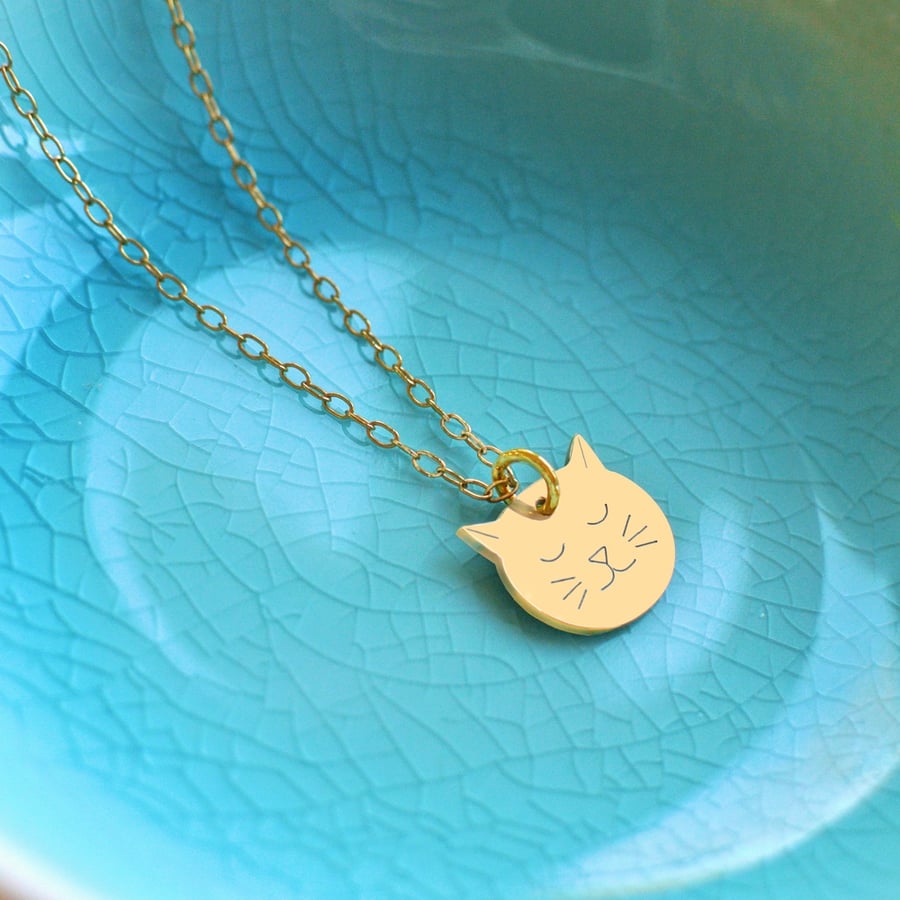 Personalised Gold Little Cat Face Necklace, cat necklace, gift for cat lovers