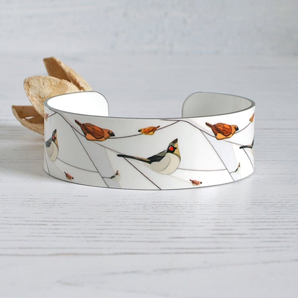 Bird cuff bracelet, white grey jewellery bangle with birds, bird gifts. (166)