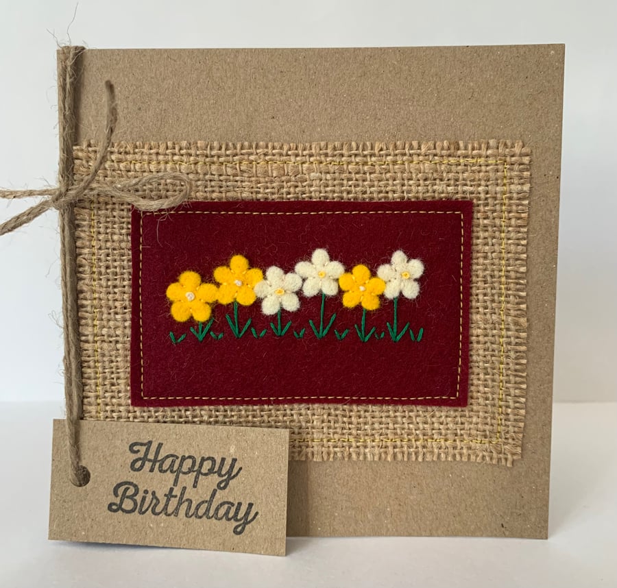 Handmade Birthday card. Yellow and cream flowers from wool felt. Keepsake card.