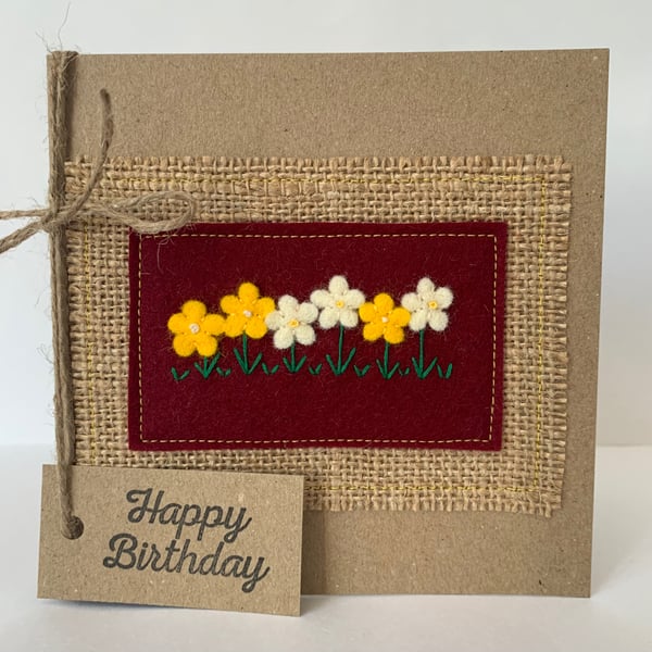 Handmade Birthday card. Yellow and cream flowers from wool felt. Keepsake card.