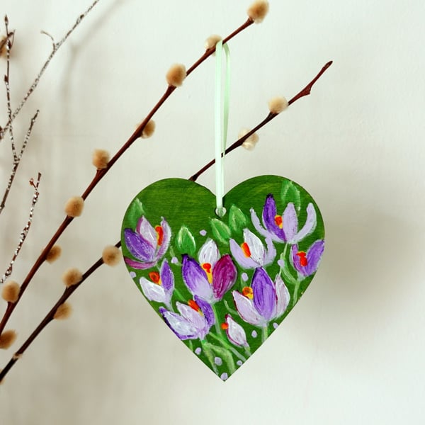 Purple Crocus Painting Green Hanging Heart Decoration Floral Artwork 