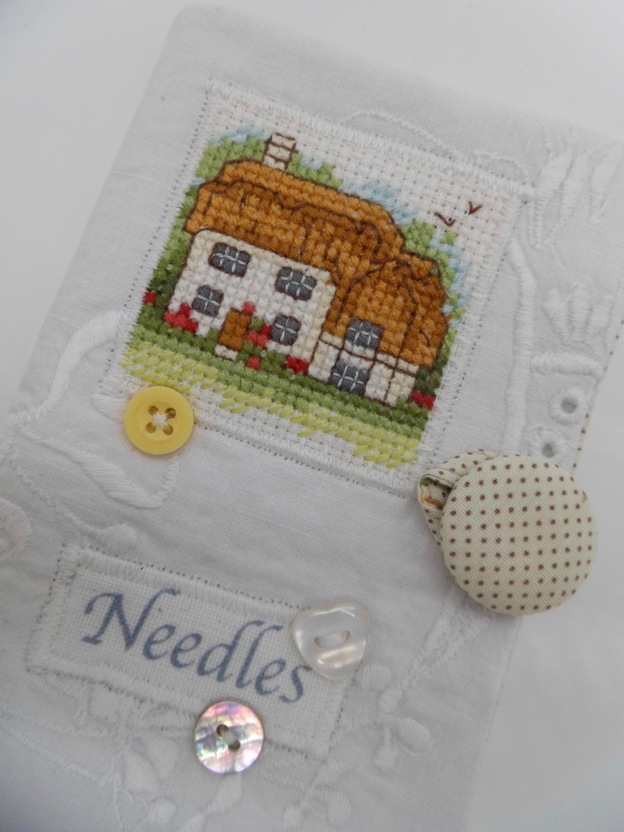 Sewing needle case white with country cottage cross stitch