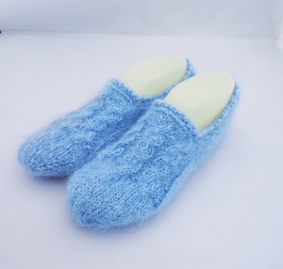 Handknit Mohair Slippers, Blue Mohair Slippers, Home Socks, Indoor Slippers