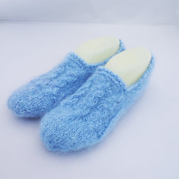Handknit Mohair Slippers, Blue Mohair Slippers, Home Socks, Indoor Slippers