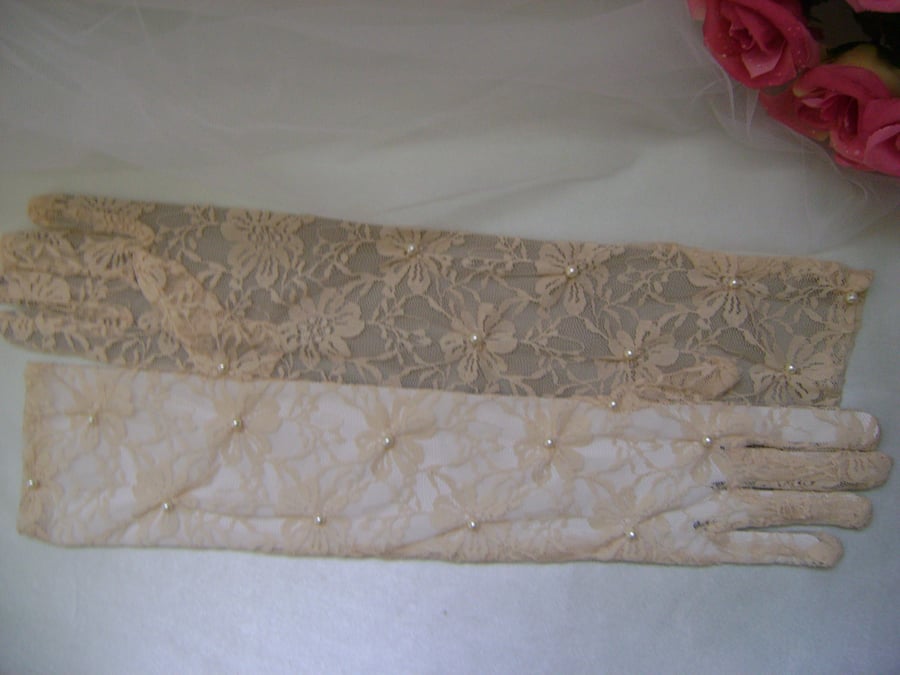 Long Rich Cream Beaded Gloves - Also Available in White!