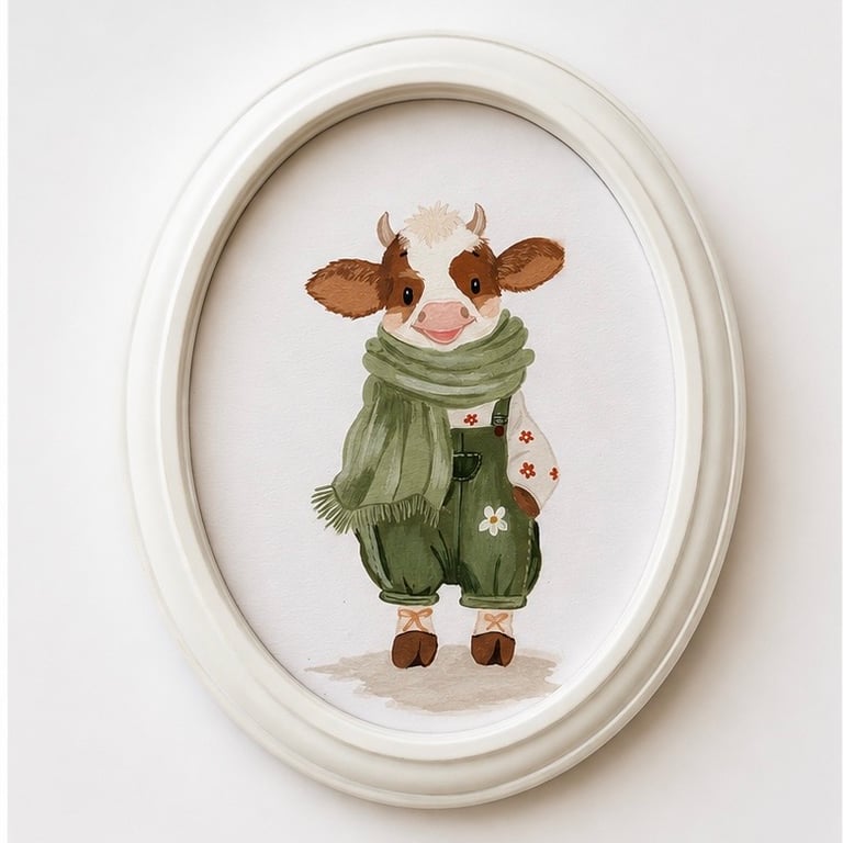 Original Cow Acrylic Painting in Vintage Oval Frame, Farmhouse Nursery Art