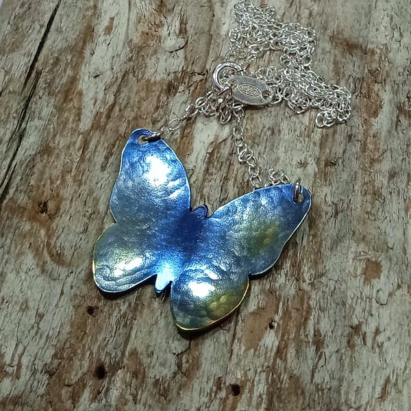 Coloured Titanium Blue and Golden Butterfly Necklace - UK Free Post