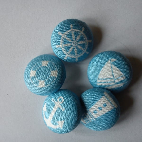 Blue Nautical fabric covered buttons anchor boat lighthouse life preserver