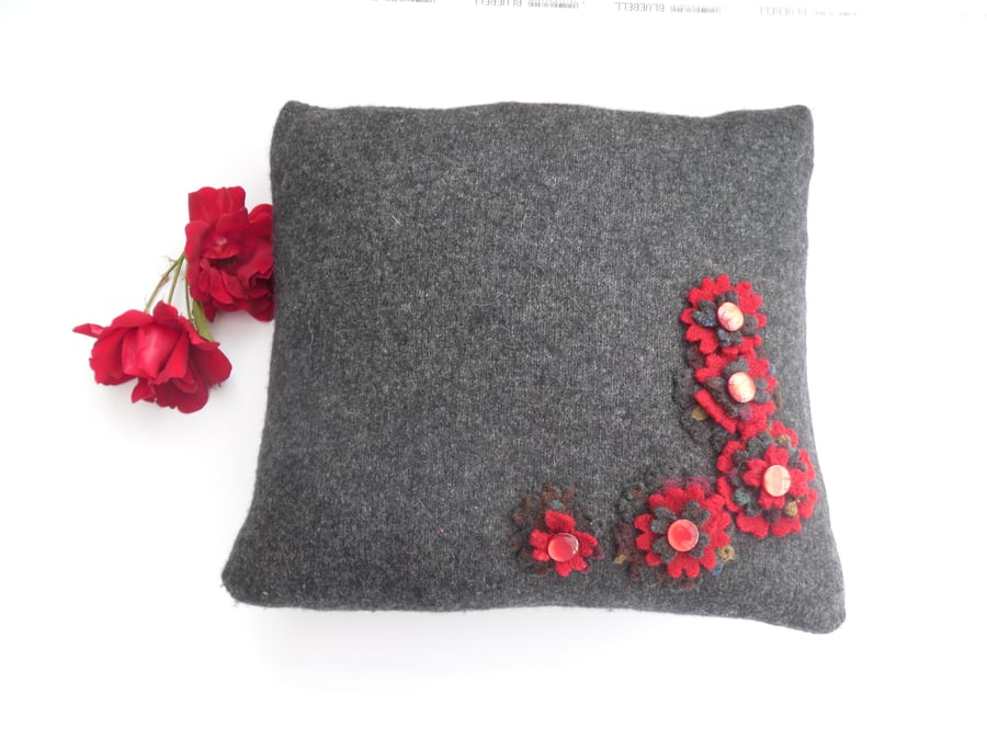 Grey felt cushion cover with red flowers