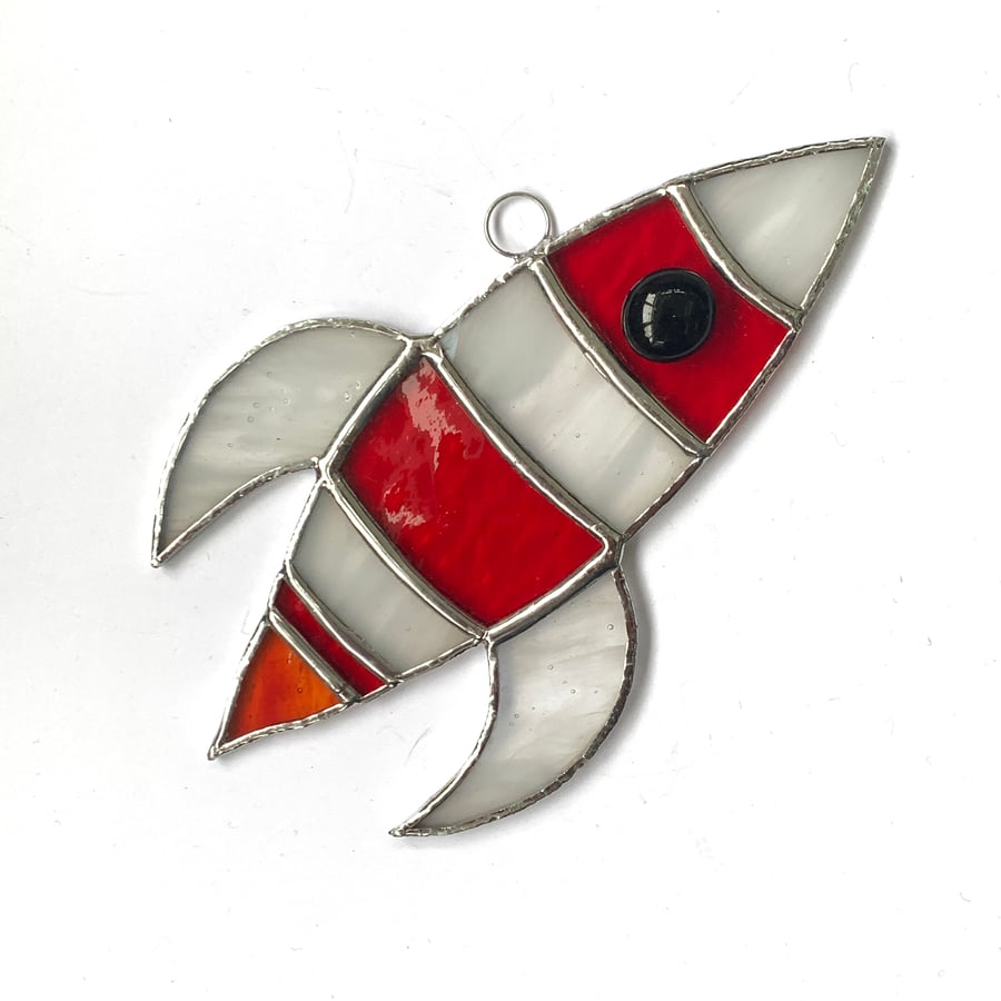Stained Glass Rocket Suncatcher - Handmade Hanging Decoration  - Red and Whir