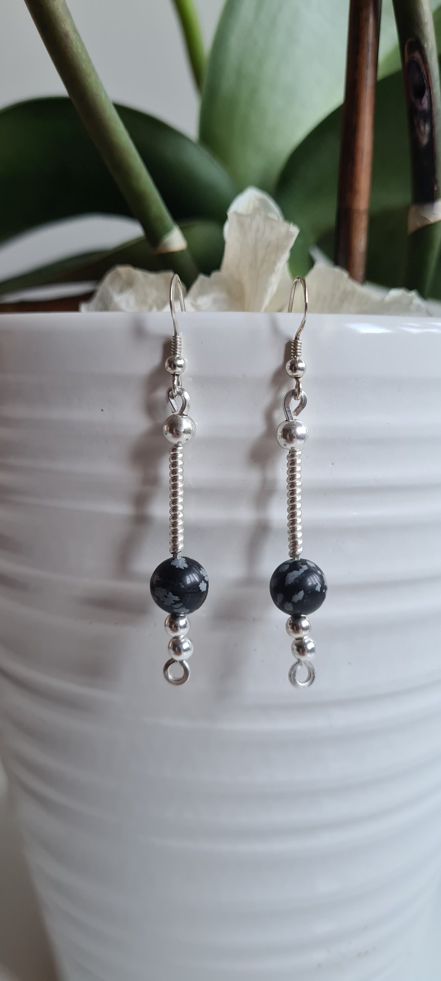 Natural Snowflake Obsidian & 925 Silver Dangle Earrings Gift Crystal Jewellery