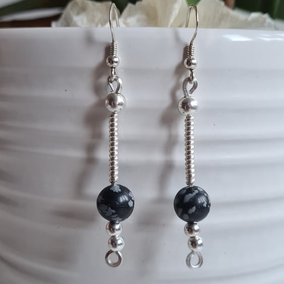 Natural Snowflake Obsidian & 925 Silver Dangle Earrings Gift Crystal Jewellery