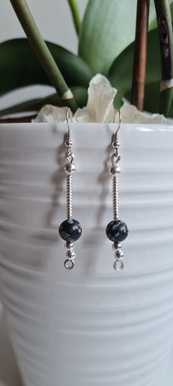 Natural Snowflake Obsidian & 925 Silver Dangle Earrings Gift Crystal Jewellery