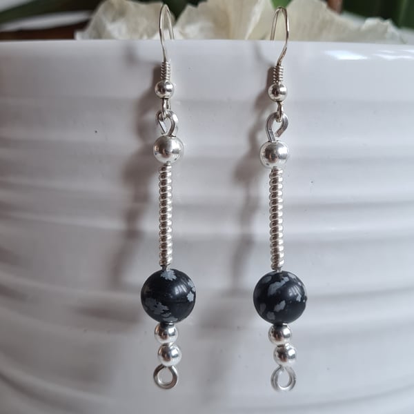 Natural Snowflake Obsidian & 925 Silver Dangle Earrings Gift Crystal Jewellery
