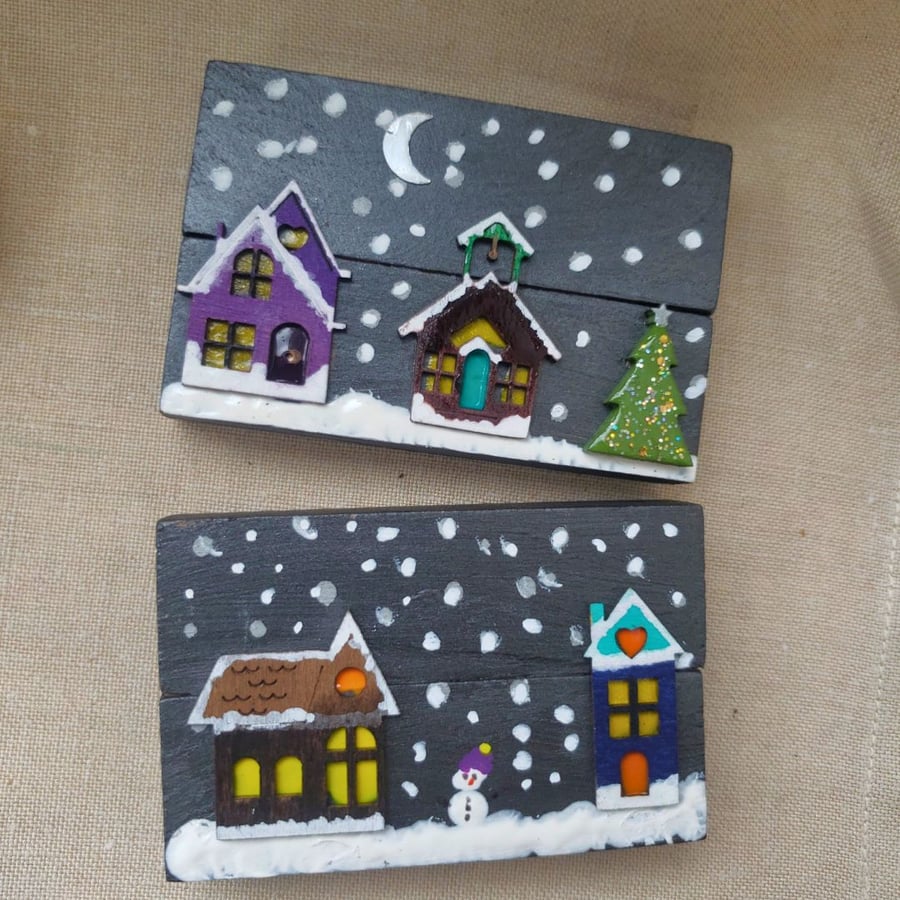 Christmas village snow ornaments x2 