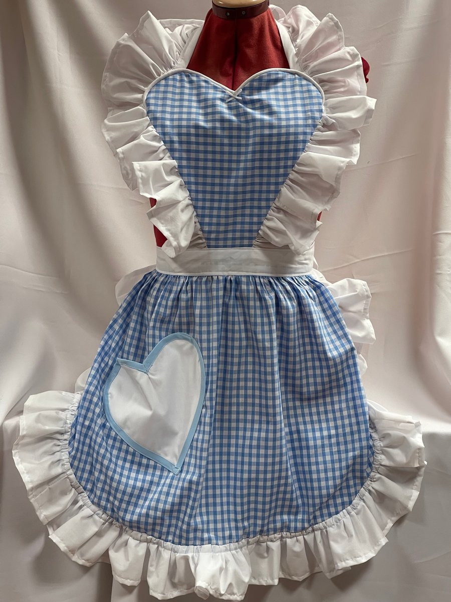 Retro Vintage 50s Style Full Apron with Heart Shaped Top and Pocket, Blue