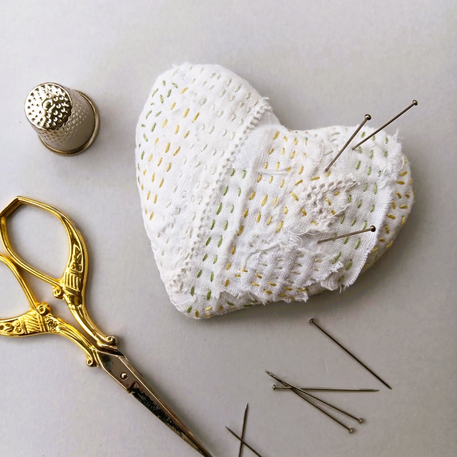 Hand Embroidered Pin Cushion Heart 