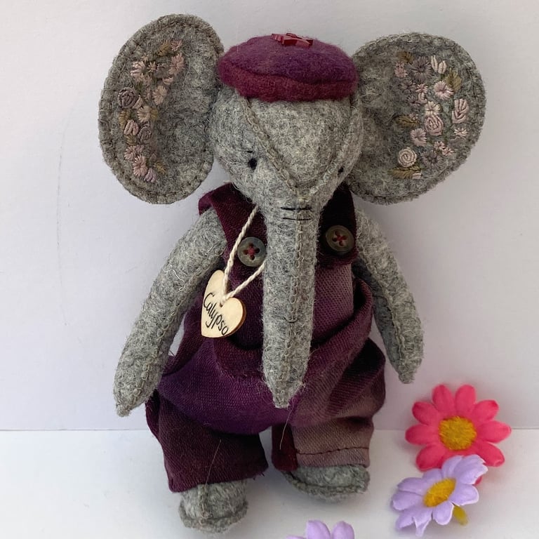 Elephant, collectable hand embroidered dressed artist bear, hand sewn elephant