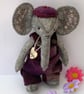 Elephant, collectable hand embroidered dressed artist bear, hand sewn elephant