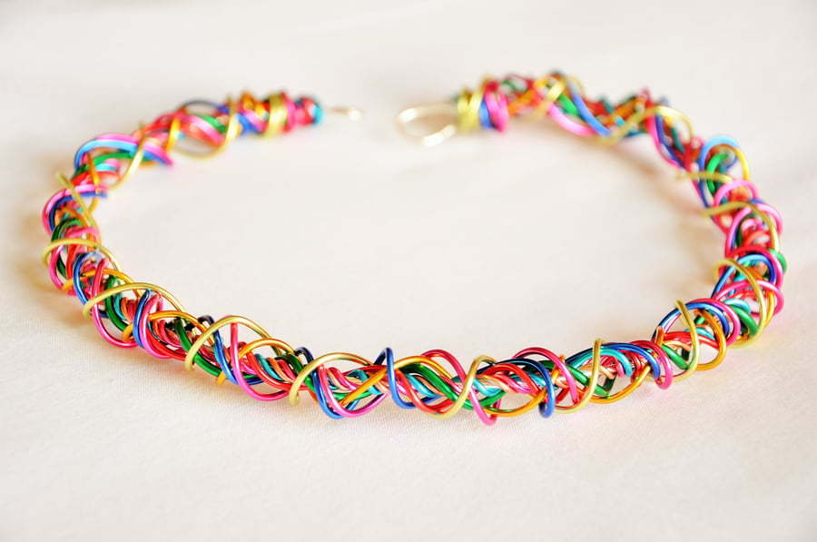 Rainbow quirky necklace, Wire wrapped swirly necklace, Woven necklace, Groovy