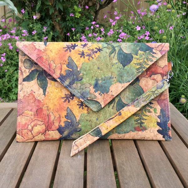 Cork clutch bag, floral print 