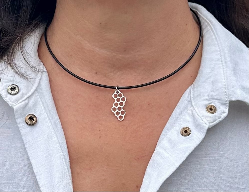Leather choker necklace, Honeycomb pendant, Boho jewellery for women