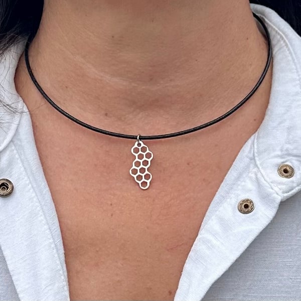 Leather choker necklace, Honeycomb pendant, Boho jewellery for women